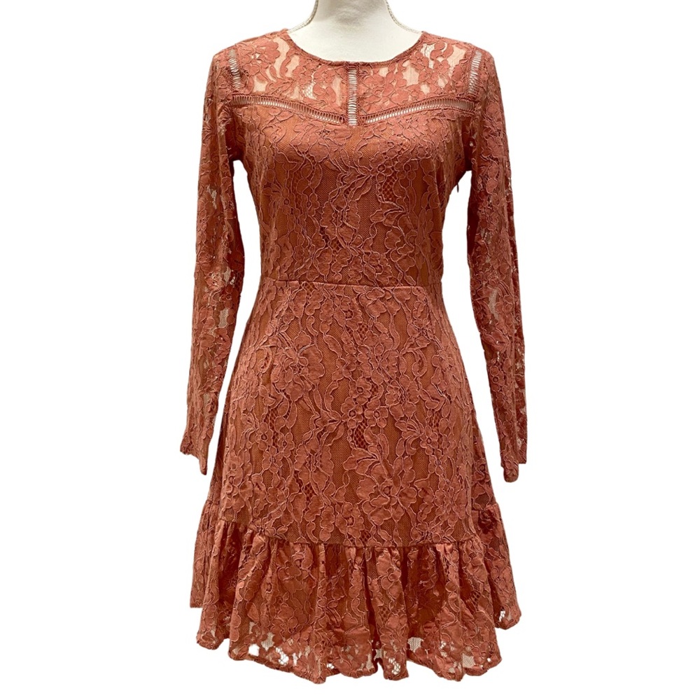 Miami Pink Lace Long Sleeve Dress with Sheer Lace Back & Ruffle Hem STUNNING (S)